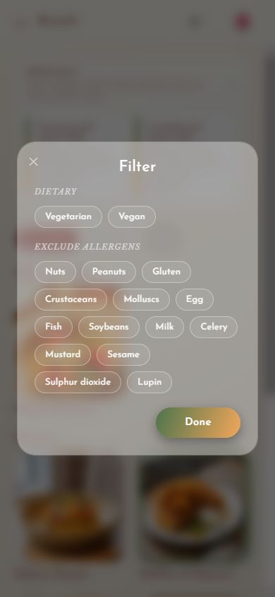 Cravd menu allergen exclusion filter showing the structured allergen list