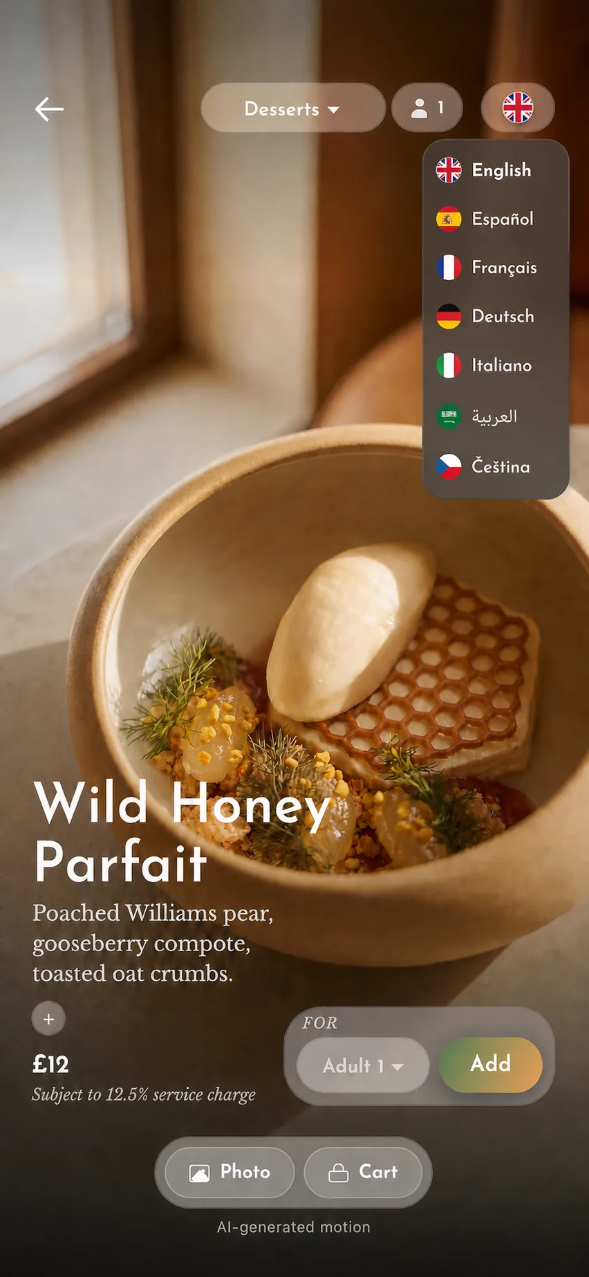 Cravd multilingual menu showing Wild Honey Parfait with the language selector open